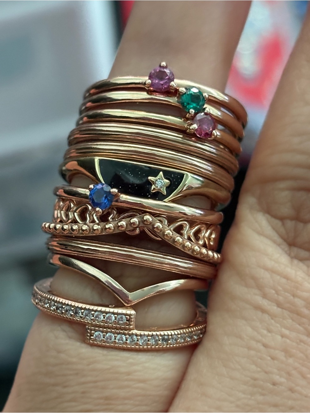 Pandora Rose Gold Stackable Ring Set with Pink, Green & Blue Stones